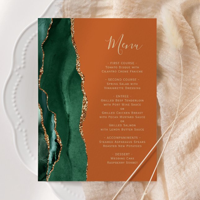 Emerald Green Gold Burnt Orange Wedding Menükarte (Von Creator hochgeladen)