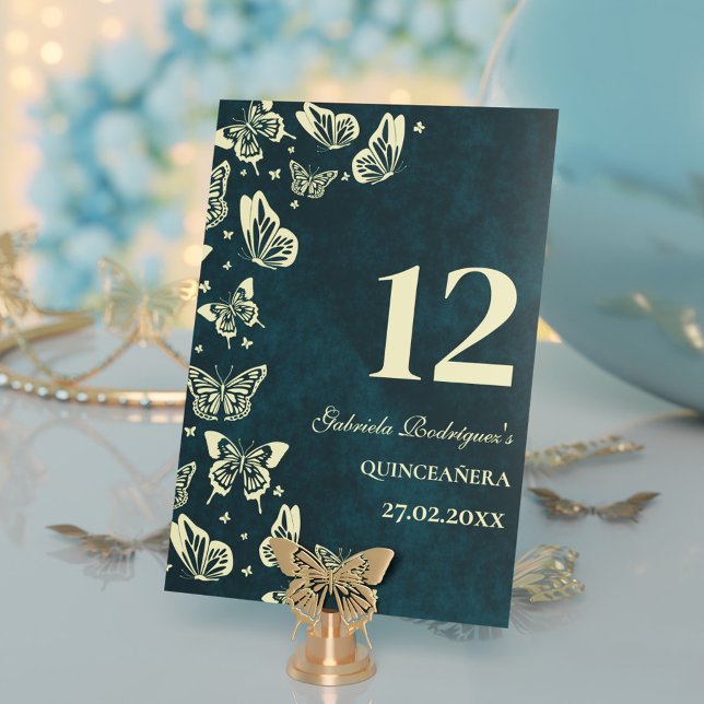 Emerald Green Gold Butterfliegen Quinceañera Sitzp Tischnummer (Emerald Green Gold Butterflies Quinceañera Seating Table Number)