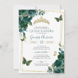 Emerald Green & Gold Butterfly Floral Quinceanera Einladung