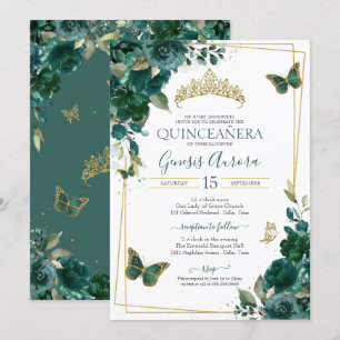 Emerald Green & Gold Butterfly Floral Quinceanera Einladung