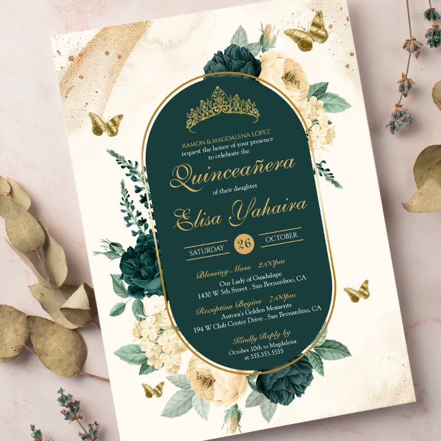 Emerald Green Gold Butterfly Floral Quinceañera Einladung (Von Creator hochgeladen)