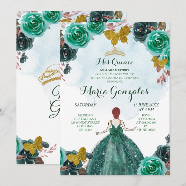 Emerald Green & Gold Butterfly Mis Quince 2 Einladung (Vorne/Hinten)