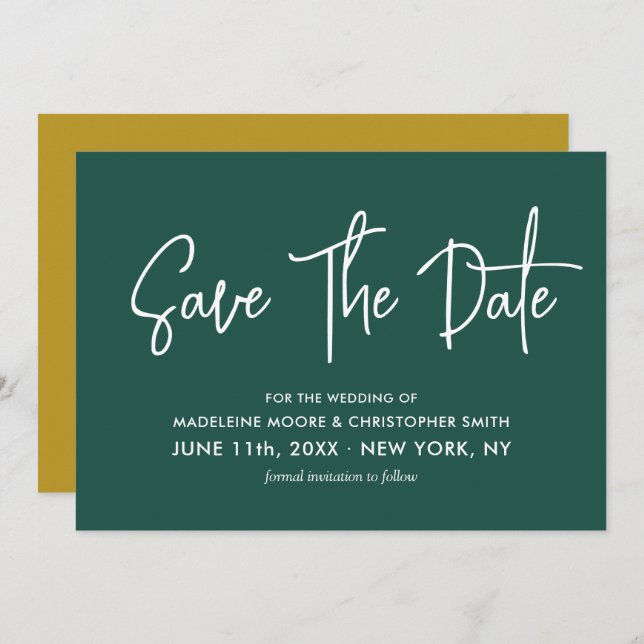 Emerald Green & Gold Calligraphy QR-Code Save The Date (Vorne/Hinten)