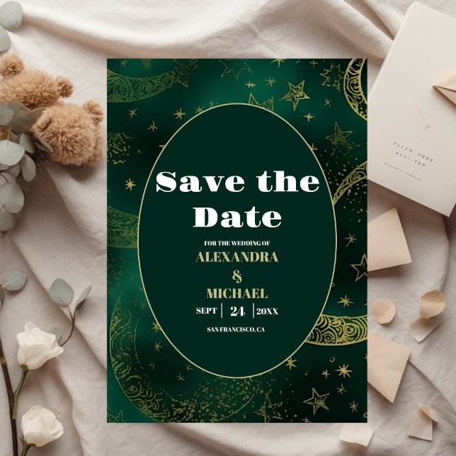 Emerald Green Gold Celestial Wedding Save The Date (Von Creator hochgeladen)