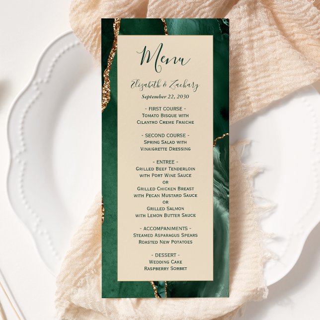Emerald Green Gold Champagne Wedding Menu Menükarte (Von Creator hochgeladen)
