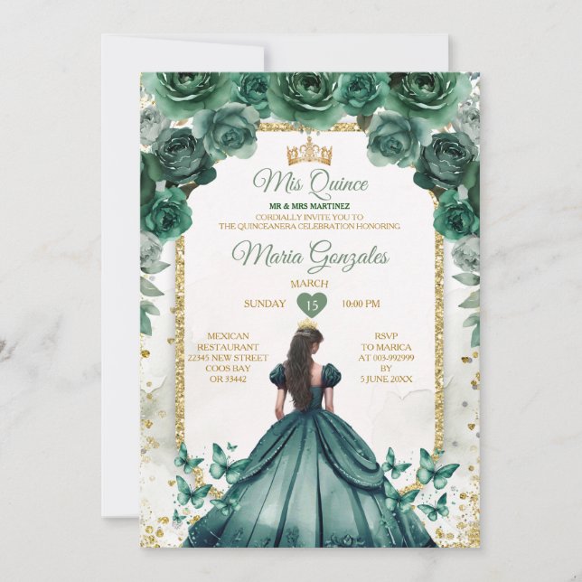 Emerald Green & Gold Crown Mis Quince Butterfly Einladung (Vorderseite)