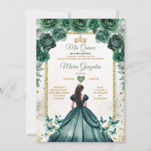 Emerald Green & Gold Crown Mis Quince Butterfly Einladung