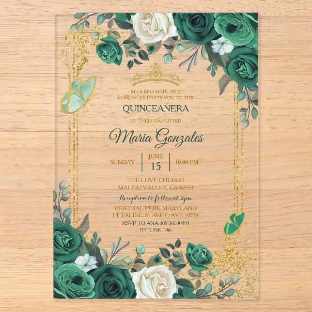 Emerald Green Gold Crown Quinceañera Butterfly Acryleinladungen (Vorderseite)