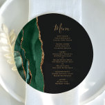 Emerald Green Gold Dark Round Plate Wedding Menu Menükarte<br><div class="desc">Die links Kulisse dieses eleganten,  modernen Hochzeitsmenüs besticht durch einen smaragdgrünen Aquarellstreifen,  der mit vergoldetem Imitat-Glitzer bestickt ist. Der anpassbare Text vereint goldfarbene whimsical Handschriftzeichen mit Copperplate-Schriftart auf schwarzem Schiefer-Hintergrund. Die Rückseite ist mit einem smaragdgrünen und goldgelben Dekor ausgestattet.</div>