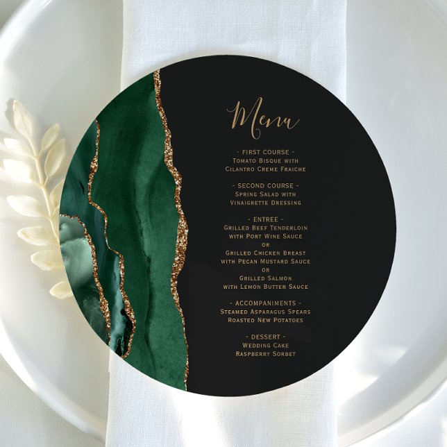 Emerald Green Gold Dark Round Plate Wedding Menu Menükarte (Von Creator hochgeladen)