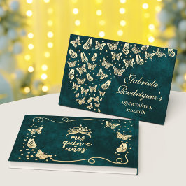 Emerald Green Gold Elegant Butterfly Quinceñera Gästebuch
