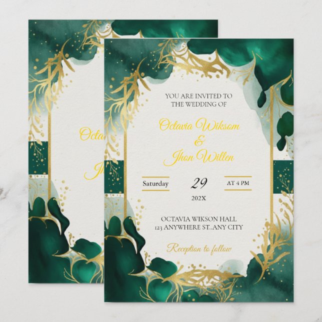 Emerald Green & Gold Elegant Wedding Invitation (Devant / Derrière)
