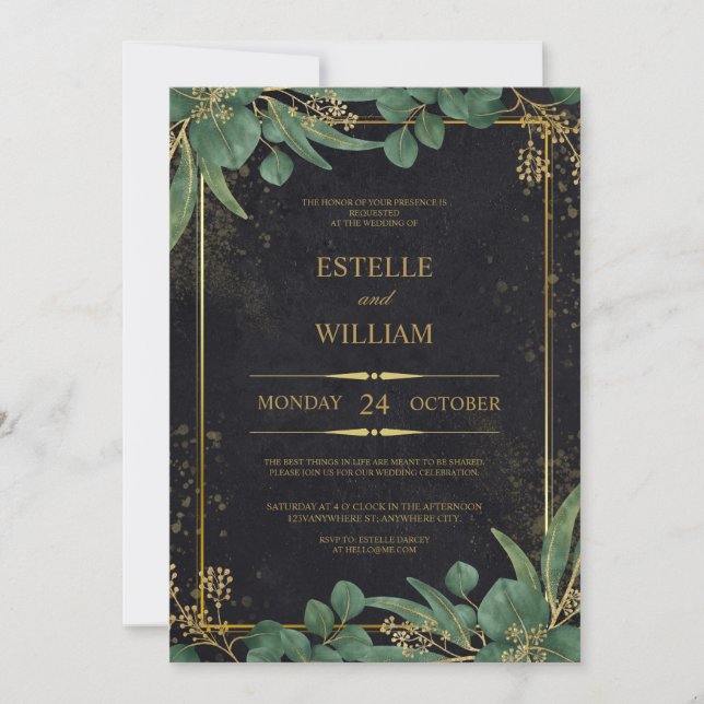 Emerald Green & Gold Elegant Wedding Invitation Einladung (Vorderseite)