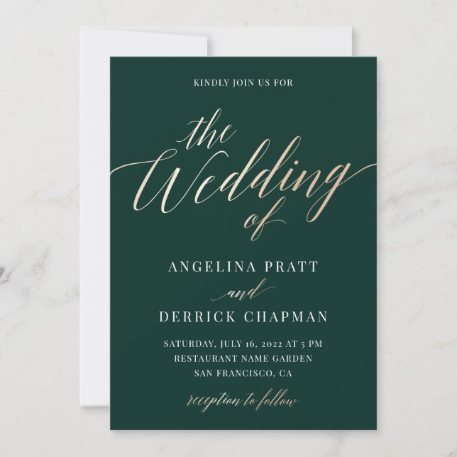 Emerald Green Gold Elegante Calligrafy Wedding in Einladung (Vorderseite)