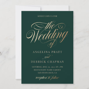 Emerald Green Gold Elegante Calligrafy Wedding in Einladung