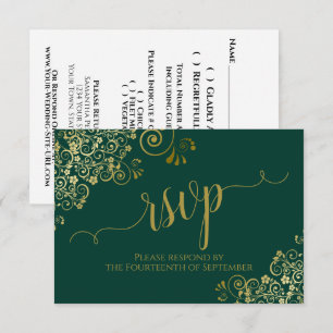 Emerald Green & Gold Elegante Calligrafy Wedding RSVP Karte