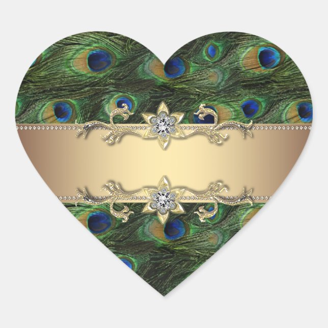 Emerald Green Gold Elegante Pfauenkleber Herz-Aufkleber (Vorderseite)