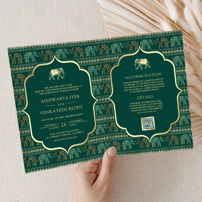 Emerald Green Gold Elephant Indian Wedding Einladung (Von Creator hochgeladen)
