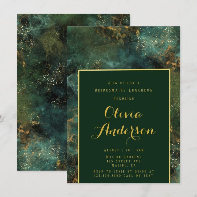 Emerald Green & Gold Fleck Bridesmaids Luncheon Einladung (Vorne/Hinten)