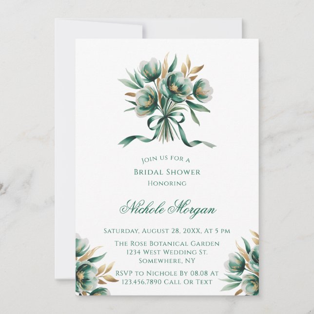 Emerald Green & Gold Floral Bridal Shower Einladung (Vorderseite)