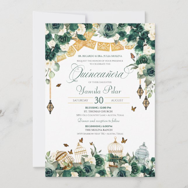 Emerald Green Gold Floral Butterfets Quinceanera  Einladung (Vorderseite)