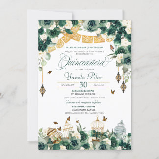 Emerald Green Gold Floral Butterfets Quinceanera Einladung