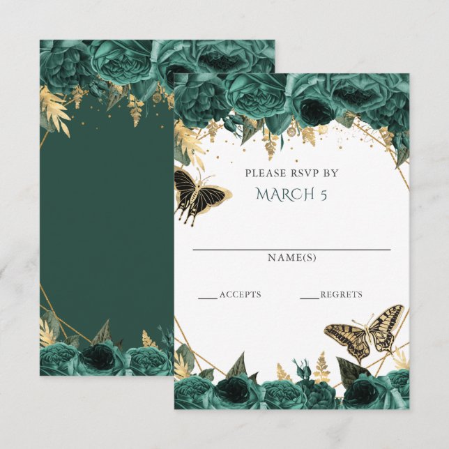 Emerald Green Gold Floral Butterfets Quinceanera RSVP Karte (Vorne/Hinten)