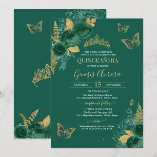 Emerald Green & Gold Floral Butterfly Quinceñera Einladung