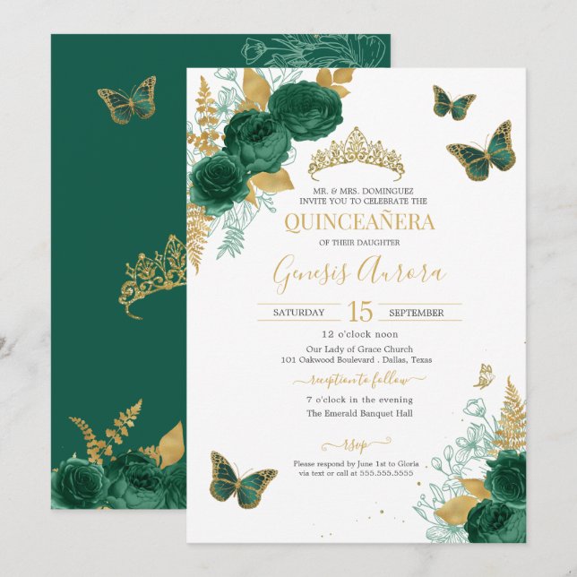 Emerald Green & Gold Floral Butterfly Quinceñera Einladung (Vorne/Hinten)