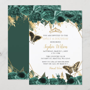 Emerald Green Gold Floral Butterfly SWEET 16 Einladung