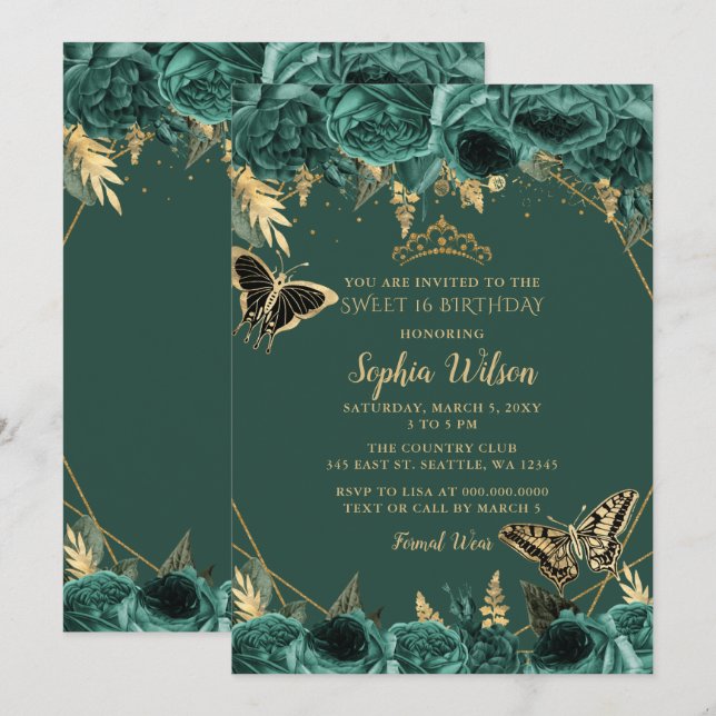 Emerald Green Gold Floral Butterfly Sweet 16 Einladung (Vorne/Hinten)