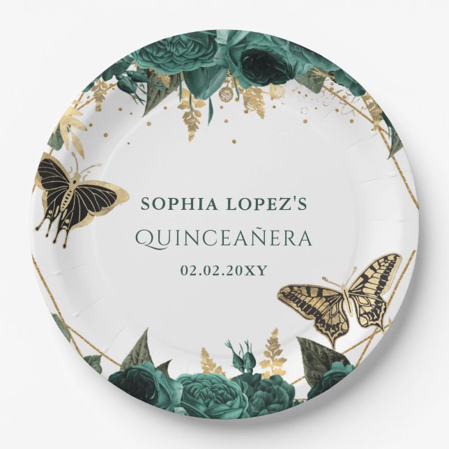 Emerald Green Gold Floral Elegante Quinceanera Pappteller (Vorderseite)