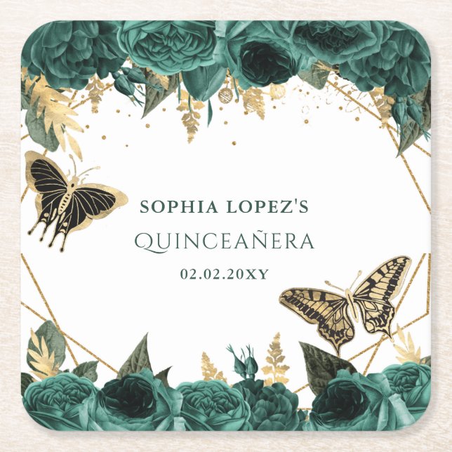 Emerald Green Gold Floral Elegante Quinceanera Rechteckiger Pappuntersetzer (Vorderseite)