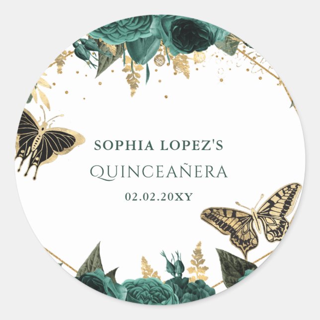 Emerald Green Gold Floral Elegante Quinceanera Runder Aufkleber (Vorderseite)