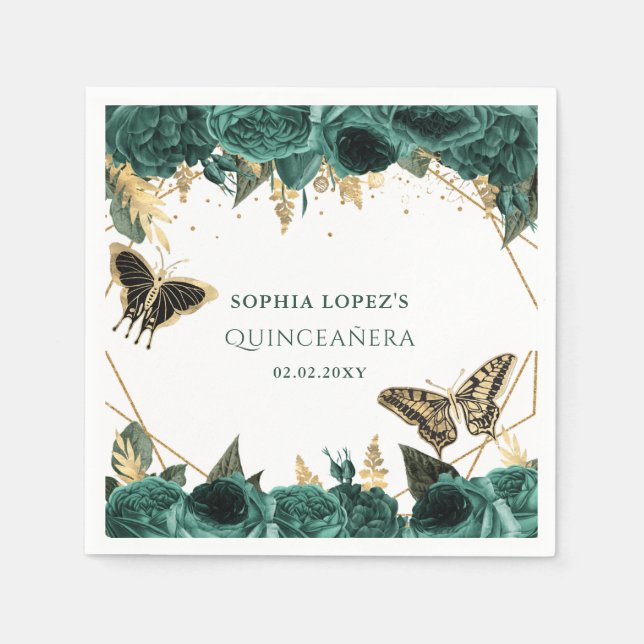 Emerald Green Gold Floral Elegante Quinceanera Serviette (Vorderseite)