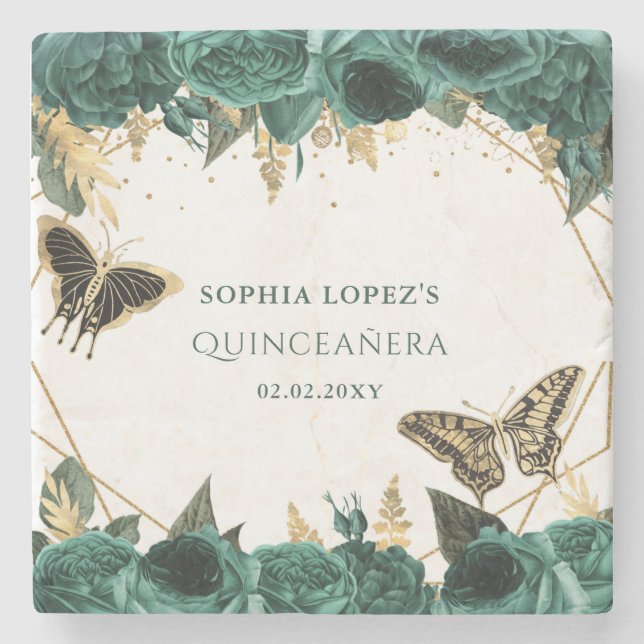 Emerald Green Gold Floral Elegante Quinceanera Steinuntersetzer (Vorderseite)
