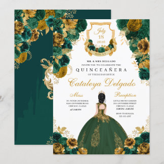 Emerald Green & Gold Floral Elegantes Quinceñera Einladung