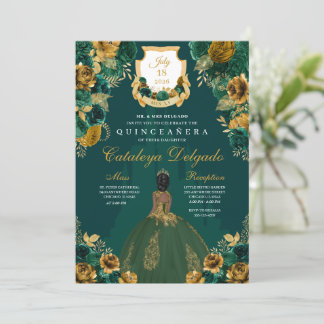 Emerald Green & Gold Floral Elegantes Quinceñera Einladung