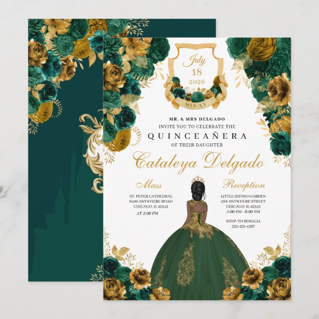 Emerald Green & Gold Floral Elegantes Quinceñera Einladung (Vorne/Hinten)