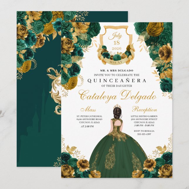 Emerald Green & Gold Floral Elegantes Quinceñera Einladung (Vorne/Hinten)