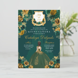 Emerald Green & Gold Floral Elegantes Quinceñera Einladung