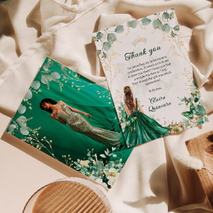 Emerald Green Gold Floral Foto Quinceanera Dankeskarte