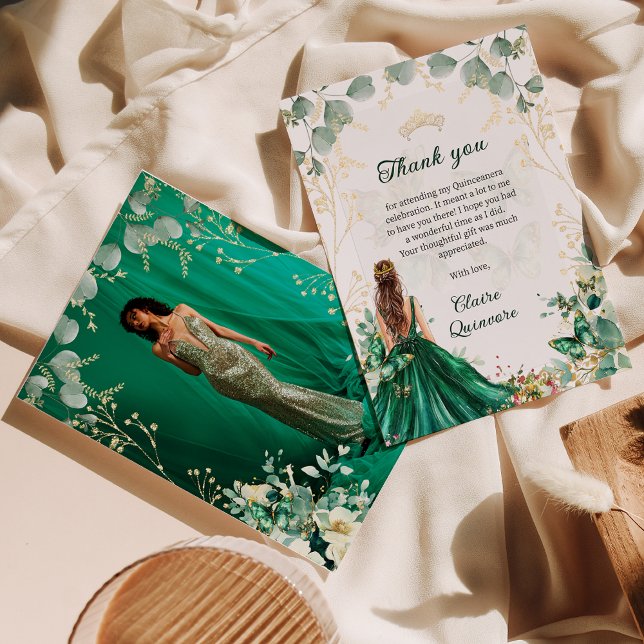 Emerald Green Gold Floral Foto Quinceanera Dankeskarte (Von Creator hochgeladen)