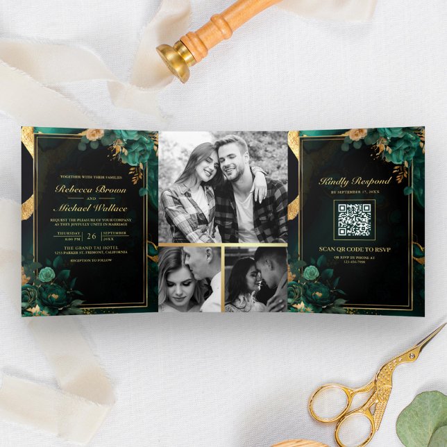 Emerald Green Gold Floral Marble QR Code Hochzeit Dreifach Gefaltete Einladung (Von Creator hochgeladen)