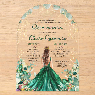 Emerald Green Gold Floral Princess Quinceanera Acryleinladungen