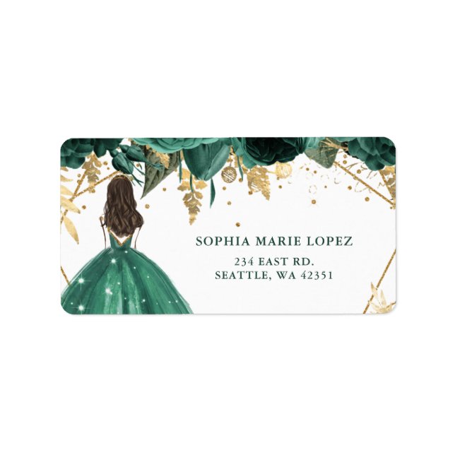 Emerald Green Gold Floral Princess Quinceanera Adressaufkleber (Vorne)