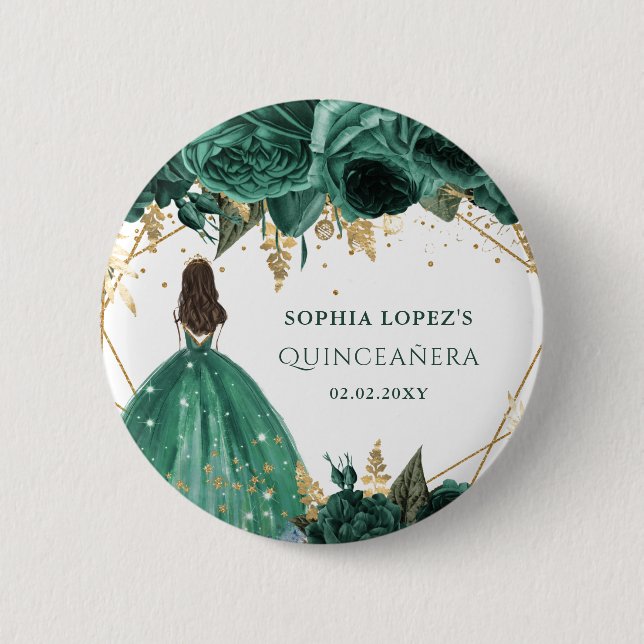 Emerald Green Gold Floral Princess Quinceanera Button (Vorderseite)