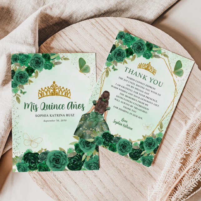 Emerald Green Gold Floral Princess Quinceañera Dankeskarte (Von Creator hochgeladen)