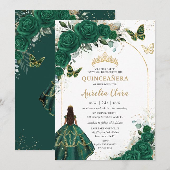Emerald Green Gold Floral Princess Quinceañera Einladung (Vorne/Hinten)