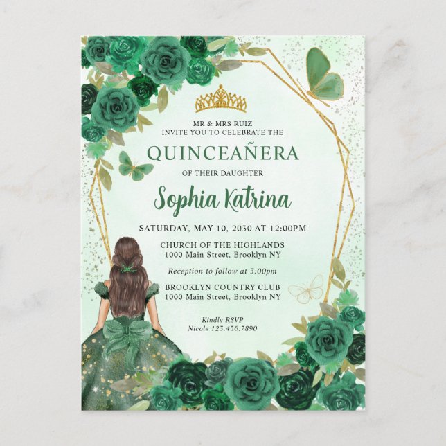 Emerald Green Gold Floral Princess Quinceañera Einladungspostkarte (Vorderseite)